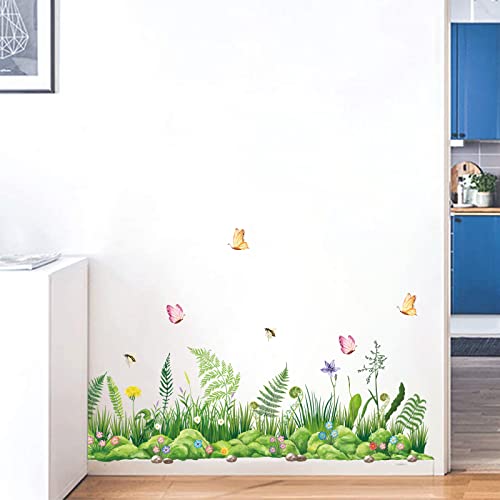 decalmile Green Grass Wall Decals Meadow Ferns Butterflies Wall Stickers Corner Bedroom Living Room Kitchen Wall Decor
