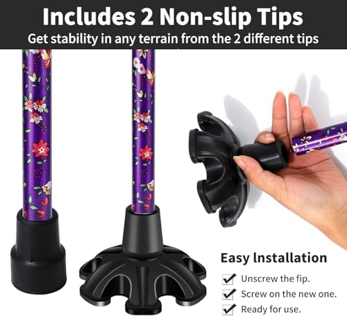 Walking Cane ATMTV Cane for Woman | Mobility & Daily Living Aids | 5-Level Height Adjustable Walking Stick | Comfortable Plastic T-Handle Portable Folding Cane with Replace Tip Purple Flower