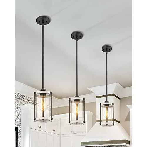 Farmhouse Pendant Light Fixtures, 1-Light Rustic Oak White Pendant Light Fixtures, Mini Glass Hanging Lighting with Rod for Kitchen Island Bar Bedroom, Adjustable Length, OS-3015