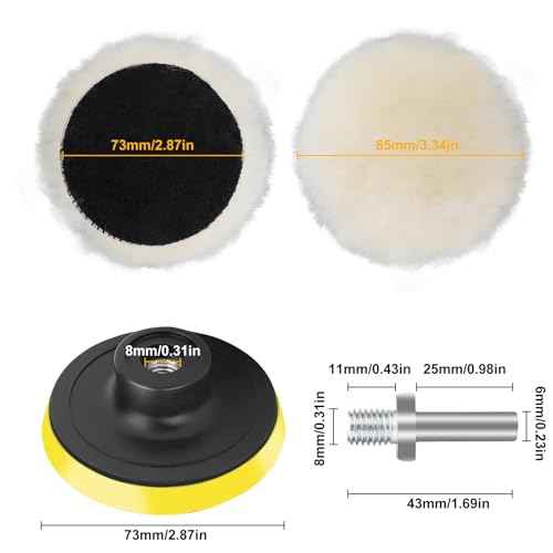Linkstyle 7PCS 3in Wool Polishing Buffing Pad, with Hook and Loop Back, for Drill Buffer Attachment with M10 Drill Adapter, Car Buffer Polisher Kit