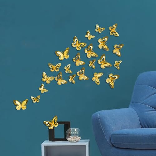24PCS 3D Butterfly Wall Decor,Butterfly Stickers for Home & Party Decorations (24, Gold)