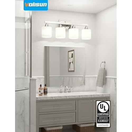 VOLISUN Brushed Nickel Bathroom Light Fixtures, 4-Light Bathroom Vanity Lights Over Mirror, Modern Vanity Light for Bathrooms, Bathrooms Lights Fixtures Over Mirror with Milky White Glass Shades