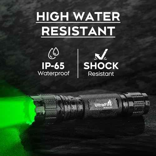 ULTRAFIRE Green Hunting LED Flashlight, 10W Single Mode Green Light, 350 Yards Super Bright Hog Predator Flashlight for Night Observation WF-501G