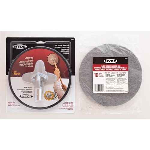 Hyde 9-Inch Radial Sander Kit with 10-Pack Sanding Discs, Sanding Net, 240 Grit - Large Area Pivoting Hinge, Drywall Sanders with Fast Change Hook and Loop, Lightweight
