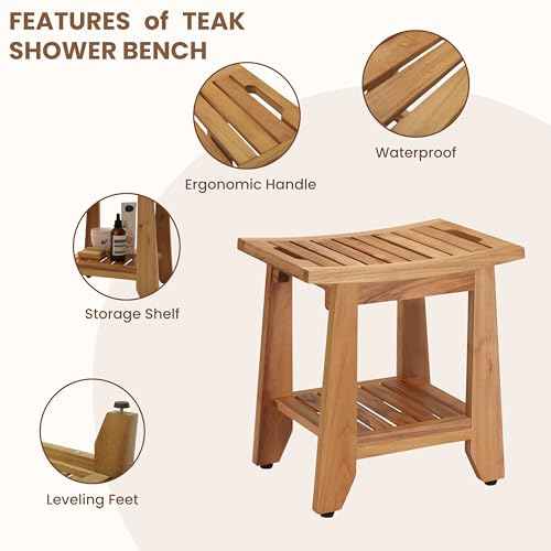 Teak Shower Bench Stool, 14'' Compact Waterproof Wood Spa Bath Bench with Storage Shelf & Handle, Non-Slip Solid Teak Shower Seat Chair for Small Bathrooms Inside Shower and Outdoor Use