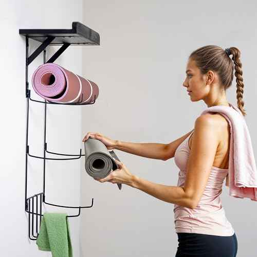 Olivia and Lily Wall-Mounted Yoga Mat Rack with black wood shelf - Organizer for Yoga Mats, Resistance Bands, and Accessories - Home Gym Storage Solution