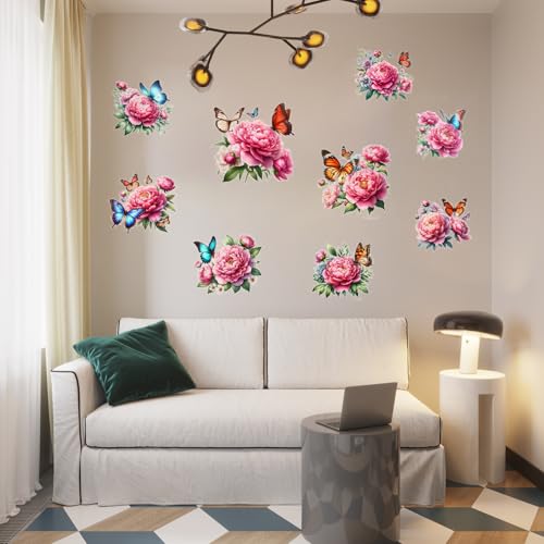 Cute Pink Peony Floral Butterfly Wall Stickers Decor Wall Decals Peel and Stick Flowers DIY Removable Funky Home Wall Art Decorations for Living Room Kitchen Bedroom Office
