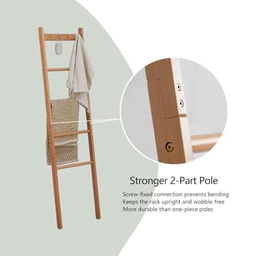 Beech Wood Blanket Ladder, 5.3ft Natural Farmhouse Quilt Holder with Top Hooks, 4-Bar Decorative Throw Rack, Towel Shelf for Living Room, Bedroom, Small Space Storage (Natural)