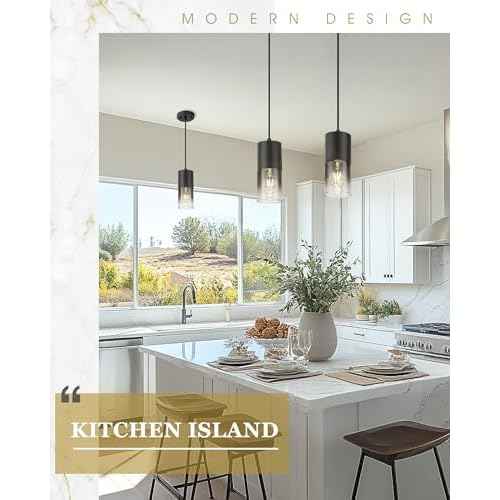 2-Pack Pendant Lights Kitchen Island, Hanging Lights Fixtures with Cylinder Black Gradient Glass, Modern Kitchen Pendant Lighting Over Island for Dining Room, AD-24023-1P2-BK-SM