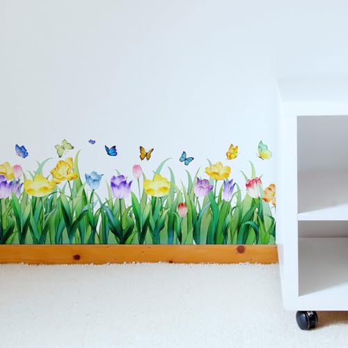 Green Grass Wall Corner Stickers Wildflower Butterflies Baseboard Skirting Line Wall Decals Bedroom Living Room Dining Room