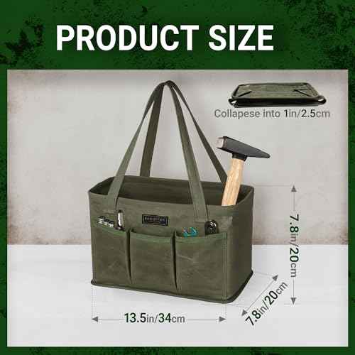 Tool Bag with Metal Frame, Waxed Canvas Wide Open Top Tool Tote Bag with 7 External Pockets, 13.5 x 7.8 x 7.8 Inches (ArmyGreen)