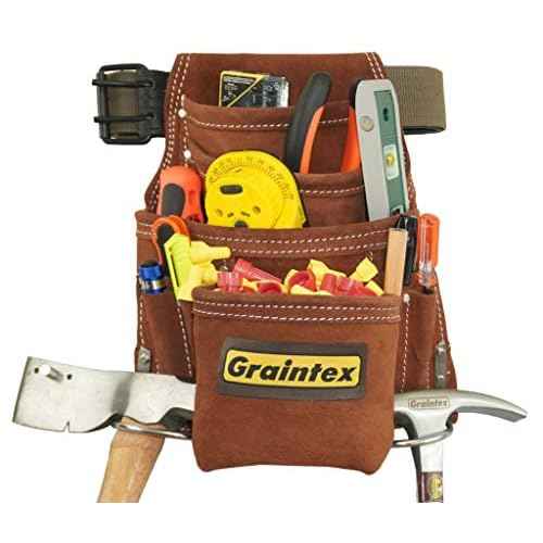 Graintex SS2976 10 Pocket Nail & Tool Pouch Brown Color Suede Leather with 2¡± Leather/Webbing Belt for Constructors, Electricians, Plumbers, Handymen