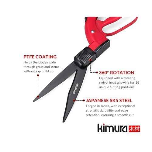 Kimura¢ç Pro Grass Shears - Premium Lawn Shears with 360¡Æ Rotating Head, Japanese SK5 Steel Blades, Lightweight, Ergonomic TPR Coated Handles, Garden Shears for Edging and Trimming - 15" Grass Clippers