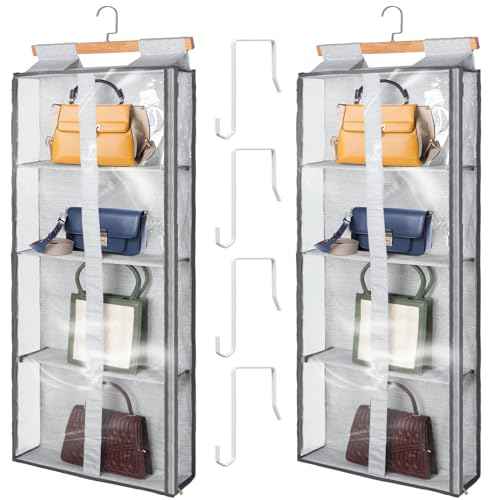 Silkfly 2 Pack Hanging Purse Organizer for Closet Clear Handbag Storage Hanger with Zipper Holder over The Door Wardrobe Tote Bag Storage Holder for Bedrooms Living Room(Gray)