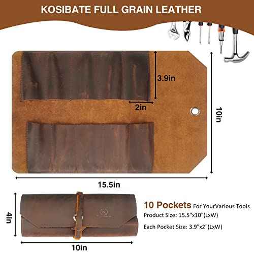 Kosibate Tool Roll Up Bag,Leather Tool Chisel Bag/Wrench Roll Pouch,Portable Woodworking Organizer Tote