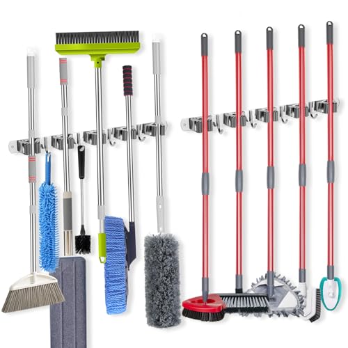 voze [2 Pack] 5 Racks and 4 Hooks Mop and Broom Holder Wall Mount, Self Adhesive Heavy Duty Broom Organizer Storage Tool Racks for Kitchen Garden Laundry Garage, Silver