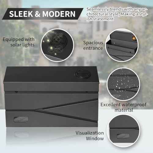 Wall Mount Mailbox, Large Capacity Mailbox for House, Visibility Galvanized Steel Rust-Proof Metal Post Box Drop, Mailboxes for Outside, 15.74"¡¿9.84"¡¿4.33" Solar Lanterns Black
