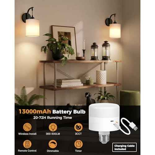 Battery Operated Wall Sconce, Black Rechargeable Sconces Set of 2, Wireless Wall Lamp Remote, Timer & 13000mAh bulbs, Battery Powered Dimmable Scones/Lights for Bedroom, Living Room, Bathroom