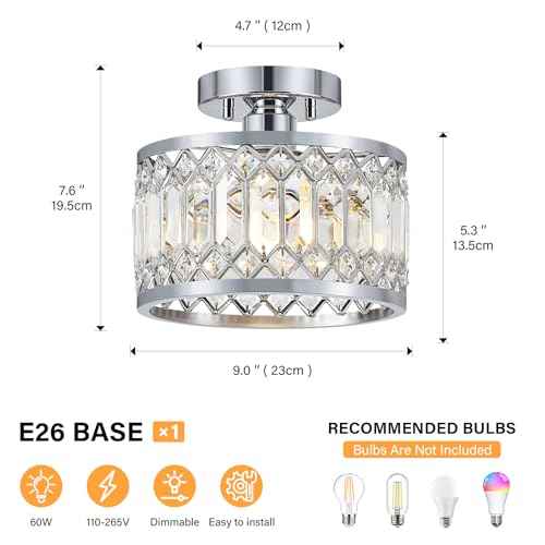 Crystal Ceiling Light Fixture, Modern Semi Flush Mount Ceiling Light, Chrome Lighting Fixtures Ceiling Lamp for Hallway, Kitchen, Entryway, Bedroom, Laundry Room, 9.05 Inch