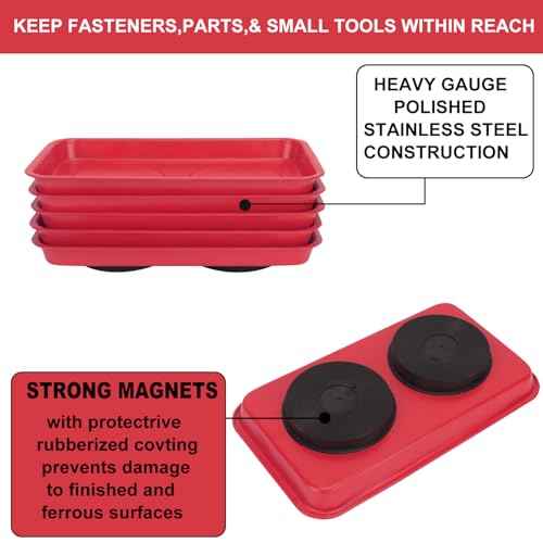 5 PCS Magnetic Trays, 9.4X5.5x1.4Inch, Magnet Tool Tray, Magnetic Parts Tray, Red, by GENHAKON