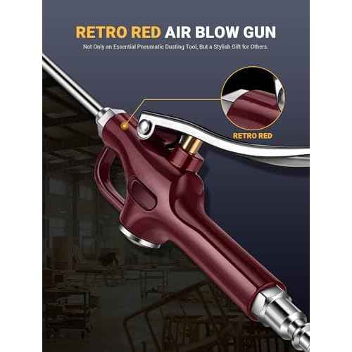 JASTIND Retro Red Air Blow Gun with Silicone Guard Air Nozzle, Stainless Steel Air Blower Gun with Angle Bent Jet Extension, Pneumatic Air Gun Dust Cleaning Tool for Air Compressor Accessories