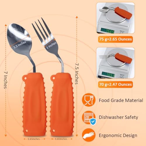 Adaptive Utensils,Curved Angled Spoon and Fork Set,for Tremors Parkinsons Limited or Elderly,Lightweight Cutlery with Non-Slip Easy Grip Handles (Right Hand Spoon and Fork Set,Pack of 2,Orange)