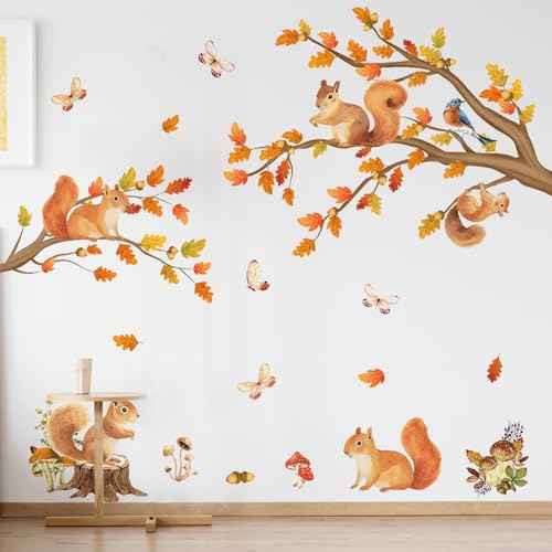 Autumn Squirrel Tree Wall Decals, Woodland Animal Wall Sticker, Nature Themed Wall Art with Butterflie, Birds, Peel and Stick Wall Art Stickers for Kids' Room, Nursery, Playroom, Bedroom, Living Room