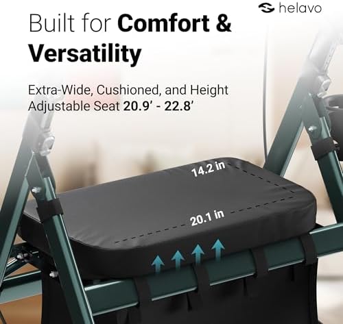 Helavo Extra Wide 28.3" Bariatric Upright Walker for Seniors, 500 lbs Capacity with 8“ Flat-Free Solid Rubber Tires, Height Adjustable Stand Up Walker with Seat, All Terrain Heavy Duty Rollator