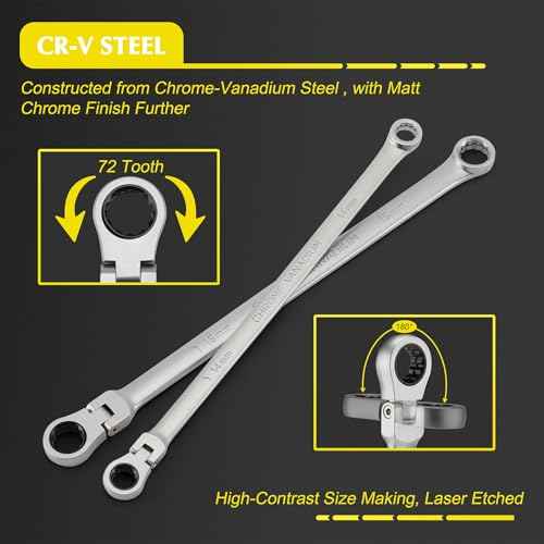 EMENTOL 27PCS Extra Long Flex Head Ratcheting Wrench Set, CR-V, Double Box End Ratchet Wrench Set with 8mm - 22mm, E8 - E22, 1/4", 3/8", 1/2" Socket Adapters Replacement Heads