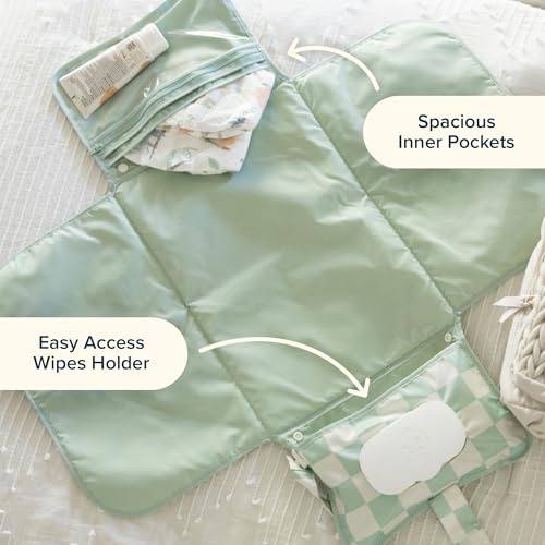 Tiny Twinkle Portable Diaper Changing Pad | Waterproof, Wipeable & Compact Baby Changing Pad for Travel | Smart Wipes Pocket & Organized Storage| Newborn Shower Gift (Sage Checkers)