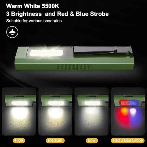 EDC Flat Flashlight High Lumens, Rechargeable Pocket Light with White/Warm LED, UV, Gream Beam, Flash Combo, 4 Bright Modes, Double Magnetic Base, for Outdoors, Emergency, Work, Detection (Green)
