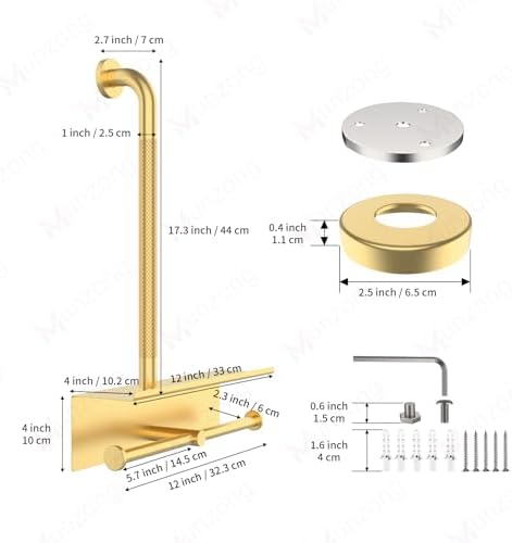 Bathroom Grab Bar w/Toilet Tissue Roll Holder, Gold 3 in 1 Double Toilet Paper Holders w/Storage Shelf, Anti Slip Stainless Steel Safety Hand Rail Support Handicap Elderly Senior Assist Bath Handle