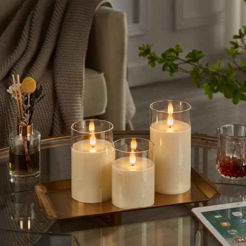 Glass Flameless Pillar Candles Flickering with Remote Timer, Battery Operated LED 3D Moving Flame Real Wax Candles,Remote Included (Ivorywhite)
