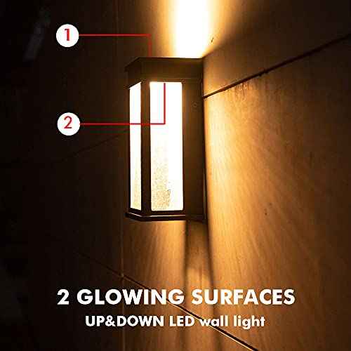 LUTEC 2 Packs 1000 Lumen 3000K LED Wall Light with Seeded Glass, Dusk to Dawn Modren Porch Light, Indoor Outdoor Sconce Wall Lighting