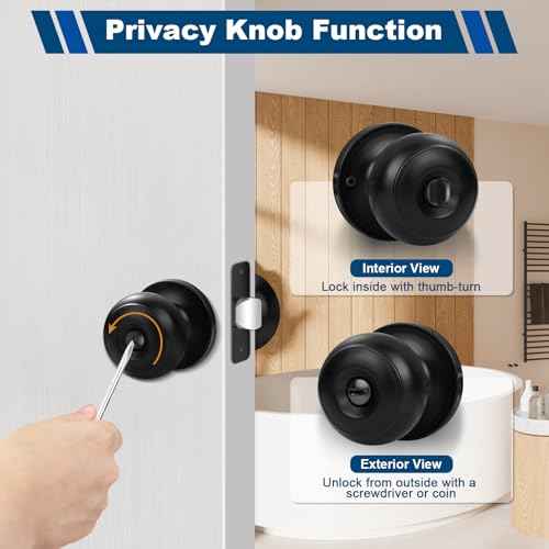 Estmoon 10 Pack Privacy Door Knobs for Bedroom Bathroom, Matte Black Door Handle with Lock Round Ball Interior Knobs for Bedroom/Bathroom, Heavy Duty Handle for Left Right Sided Doors