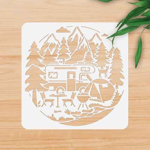 Camping Stencil for Painting, 11.8"x11.8"Reusable RV Mountain Tree Stencil Drawing Template, Outdoor Picnic DIY Craft Paint Template for Wall Home Decor Wood Burning Card Journal Canvas