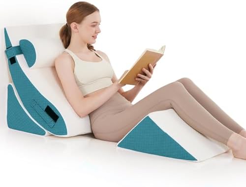Orthopedic Bed Wedge Pillow Set for Sleeping 4 PCS - Adjustable Triangle Pillow for Neck Leg Support with Washable Cover - 35D Foam Wedge Pillow Post Surgery for GERD & Snoring (White Blue)