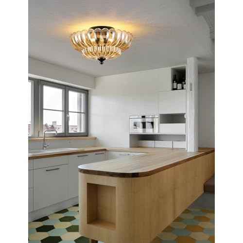 Semi Flush Mount Ceiling Light, Amber Glass Ceiling Light Fixture, 3-Bulb Modern Black Close to Ceiling Light, Vintage Glass Ceiling Lights for Bedroom Kitchen Living Room, Bulb Not Included