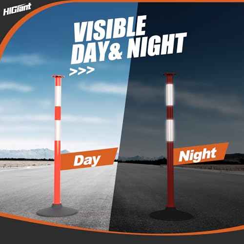 HiGiant 4 Pack 34 Inches Traffic Delineator Posts with Weighted Rubber Base, Portable Orange Safety Posts Cones with Reflective Collars and 15 Ft Plastic Chains for Parking Lot, Construction Work