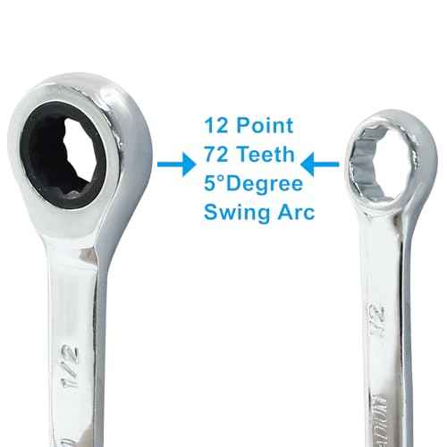 1/2 Inch Ratcheting Wrench Set, 2 Pieces SAE Ratcheting Combination Wrench with 12 Point Design, 72 - Tooth Ratchet Spanner with Chrome Plating