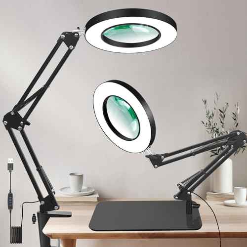 Lighted Magnifying Glass with Light and Stand, 12X Magnifier with Light Hands Free, 5 Color Modes LED Work Lighted, 2-in-1 Magnifying Lamp for Reading Craft Hobby Painting Sewing Close Work
