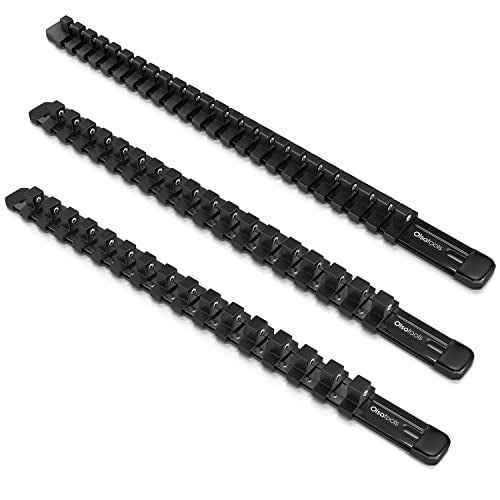 Olsa Tools Socket Organizer Set (3pc, Black) - Socket Holder and Socket Rail for 1/2-Inch, 3/8-Inch, and 1/4-Inch Drive Sockets - Holds 58 Chrome or Impact Sockets - Professional-Grade - Part: 1023