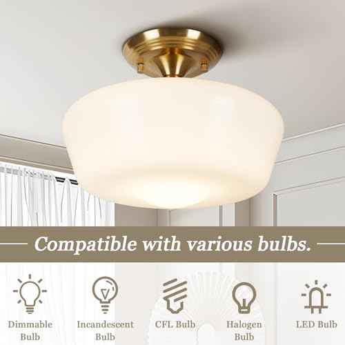Schoolhouse Style Semi Flush Mount Ceiling Light Fixture, 12" Modern Gold Hallway Ceiling Lamp with Opal Milk Glass Shade Brass, Farmhouse Globe Light for Bedroom Kitchen Hallway Entryway Laundry