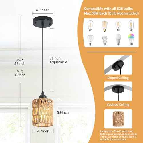 3 Pack Rattan Chandelier Pendant Lights Kitchen Island,Farmhouse Boho Chandeliers Adjustable Height Hanging lamp for Dining Room,Kitchen Ceiling Light Fixtures with Hand Woven Wicker Lampshade