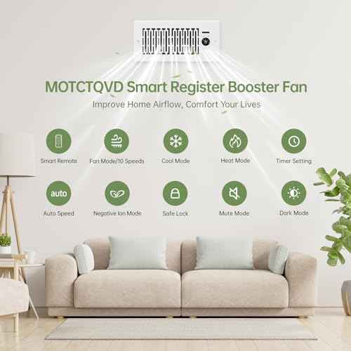 Register Booster Fan Fits 4¡± x 10¡± Register Holes, Smart Control Heating Cooling AC Vent Fan, 10-Speed Quiet Register Vent Booster Fans with Thermostat Control & Remote Control