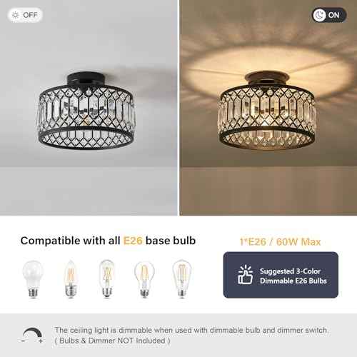 Crystal Black Ceiling Light, Modern Semi Flush Mount Ceiling Lighting Fixture, Round Hallway Lighting Fixtures for Kitchen Entryway Bedroom Laundry Room, 1-Light, 11.4 Inch