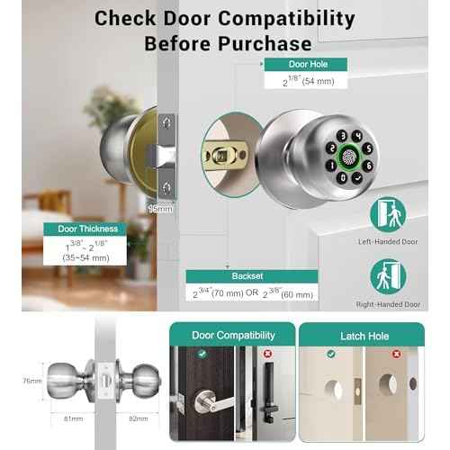 Keypad Smart Door Knob Lock, Fingerprint Keyless Entry Door Lock with Handle for Front Door and Bedroom, Electrionic Biometric Code Door Knob with APP, Auto Lock for Home Office Apartment Garage