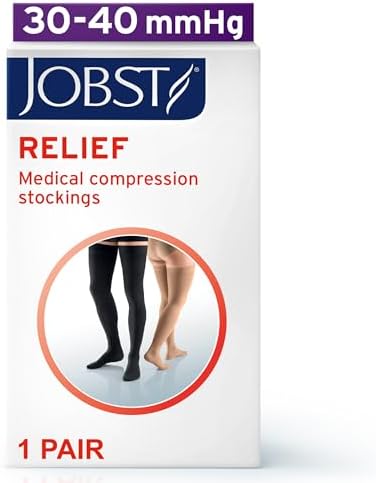 JOBST Relief Thigh High Graduated Compression Stockings 30-40mmHg - Comfortable Unisex Design with Silicone Dot Band - Closed Toe, Beige, X-Large Petite