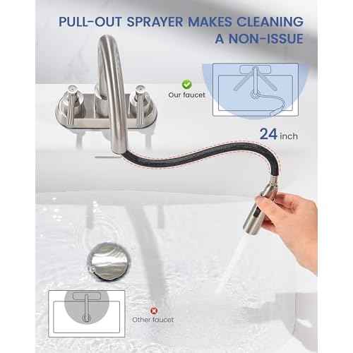 Bathroom Sink Faucet with Pull Out Sprayer 2 Handles, Brushed Nickel Pull Down Bathroom Faucet 3 Holes, 4 Inch Sink Faucet Bathroom, 360 Degree Swivel Spout, Pop Up Drain Assembly Included