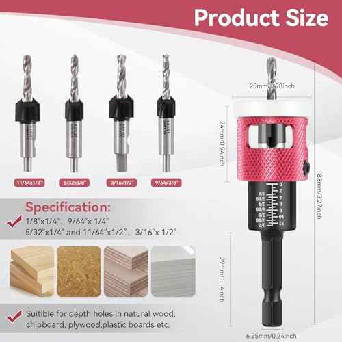 Countersink Drill Bit Set - 5 Pcs Countersink Drill Bit with Low Friction Depth Stop, HSS M2 Tapered Bits, Carbide Drill Bits 1/4¡± Hex Shank for Woodworking Tools
